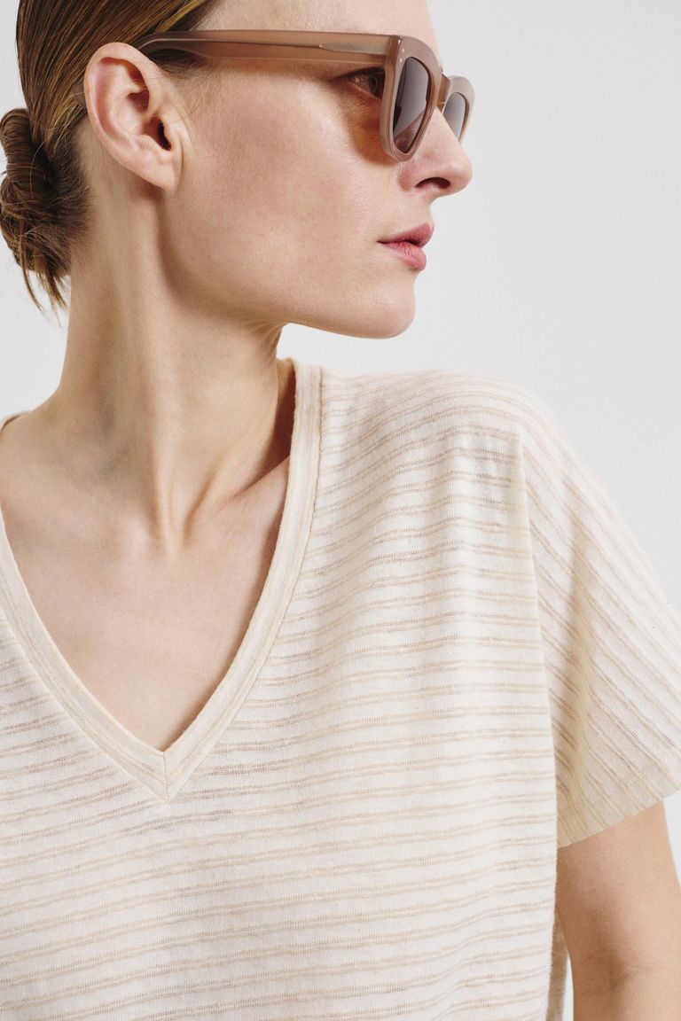 V-neck T-shirt in striped cotton and linen jersey lime white