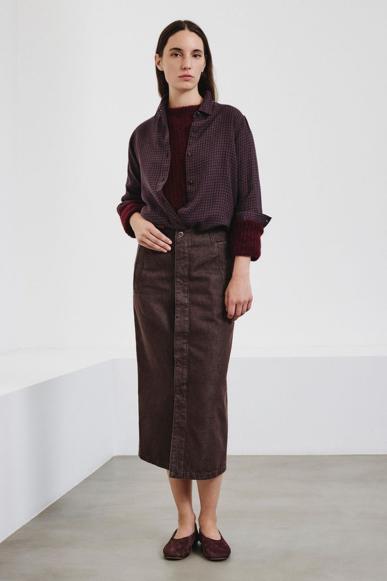 Faded cotton and lyocell bull denim skirt mahogany