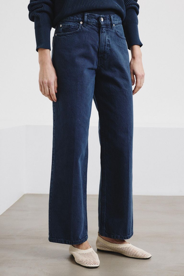 Pantalon droit en drill de coton indigo-soufre bleu