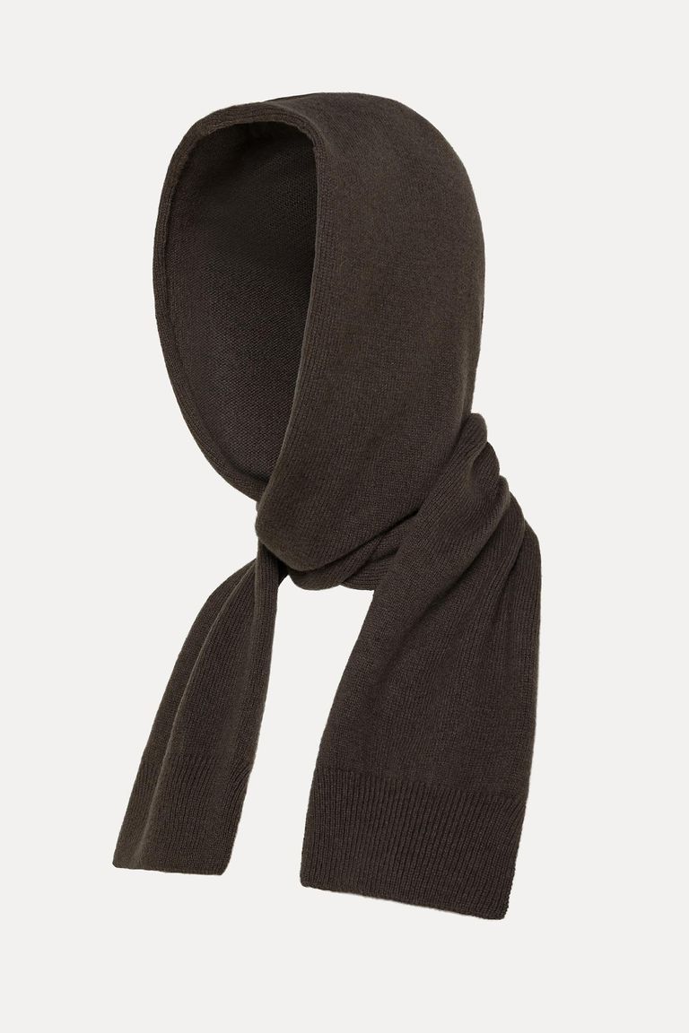 Wool and cashmere flat-knit hooded scarf cocoa
