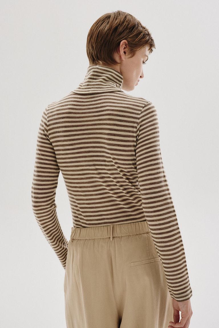 Striped wool jersey high-neck T-shirt dove grey