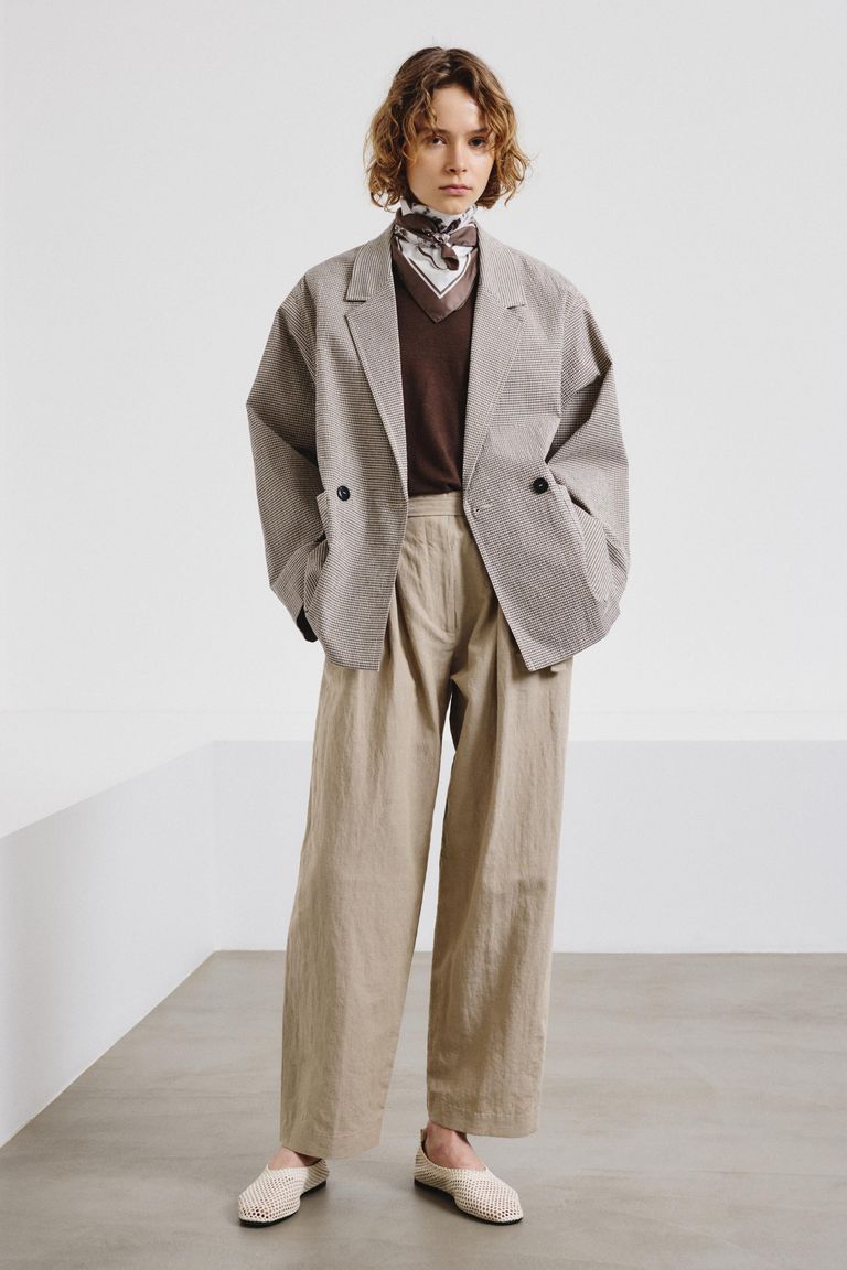 Cotton and linen twill trousers with waist tie jute