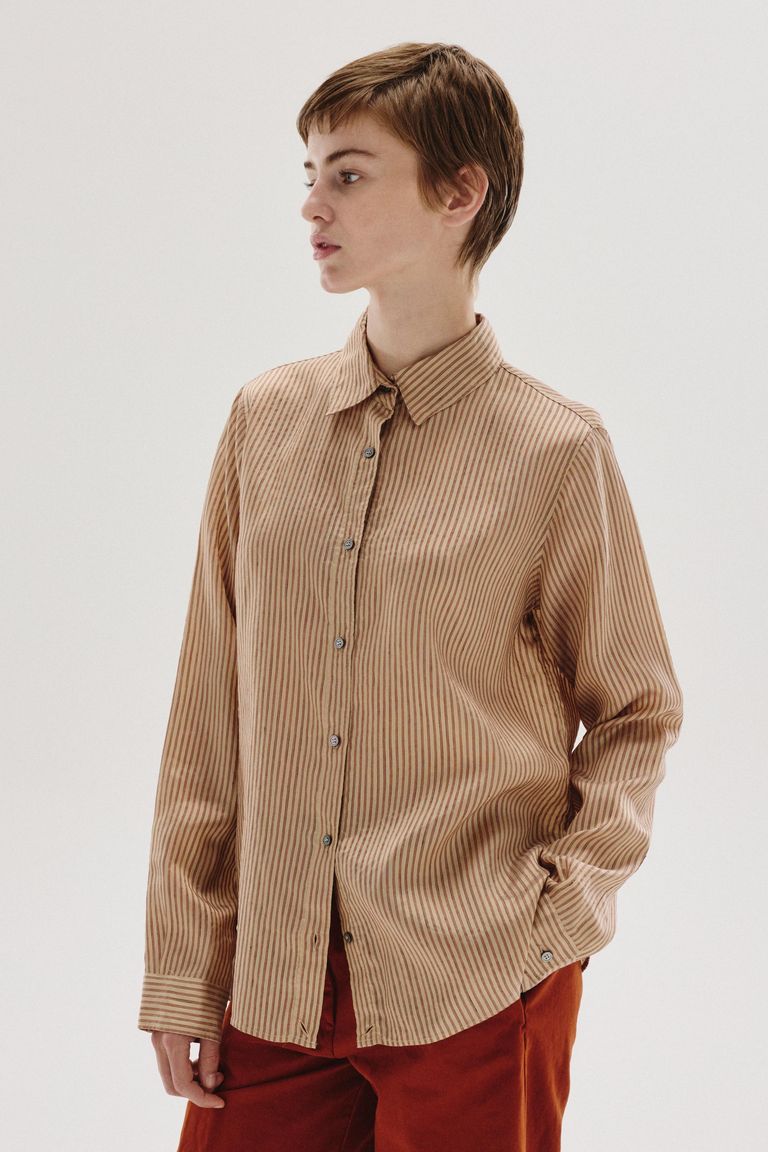 Chemise en shantung rayé de viscose, lin et soie terre cuite