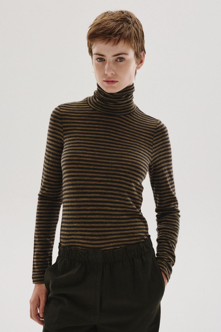 Striped wool jersey high-neck T-shirt military green