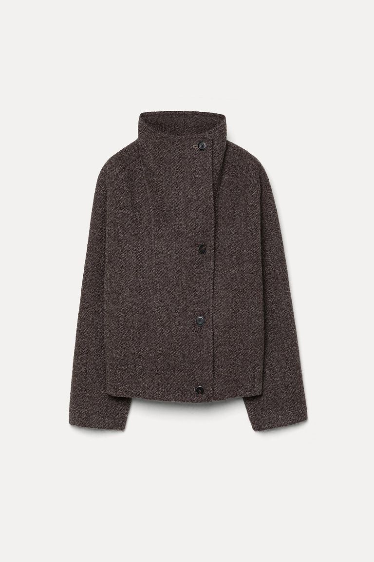 High-neck mélange wool and cotton cloth jacket