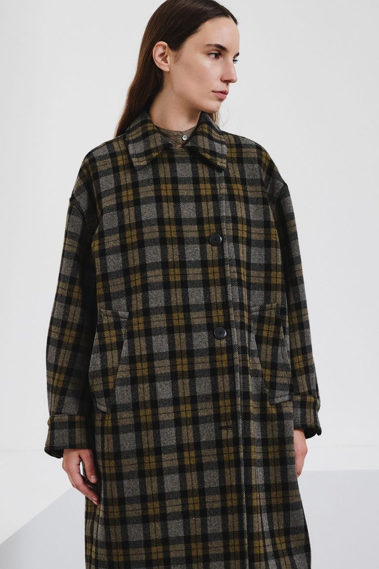 Manteau en drap de laine tartan vert militaire