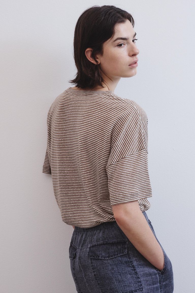 Oversized striped cotton and linen jersey T-shirt hazelnut