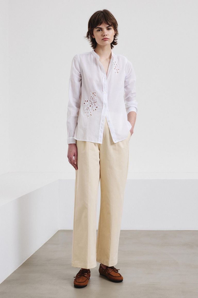 Embroidered cotton voile shirt optic white