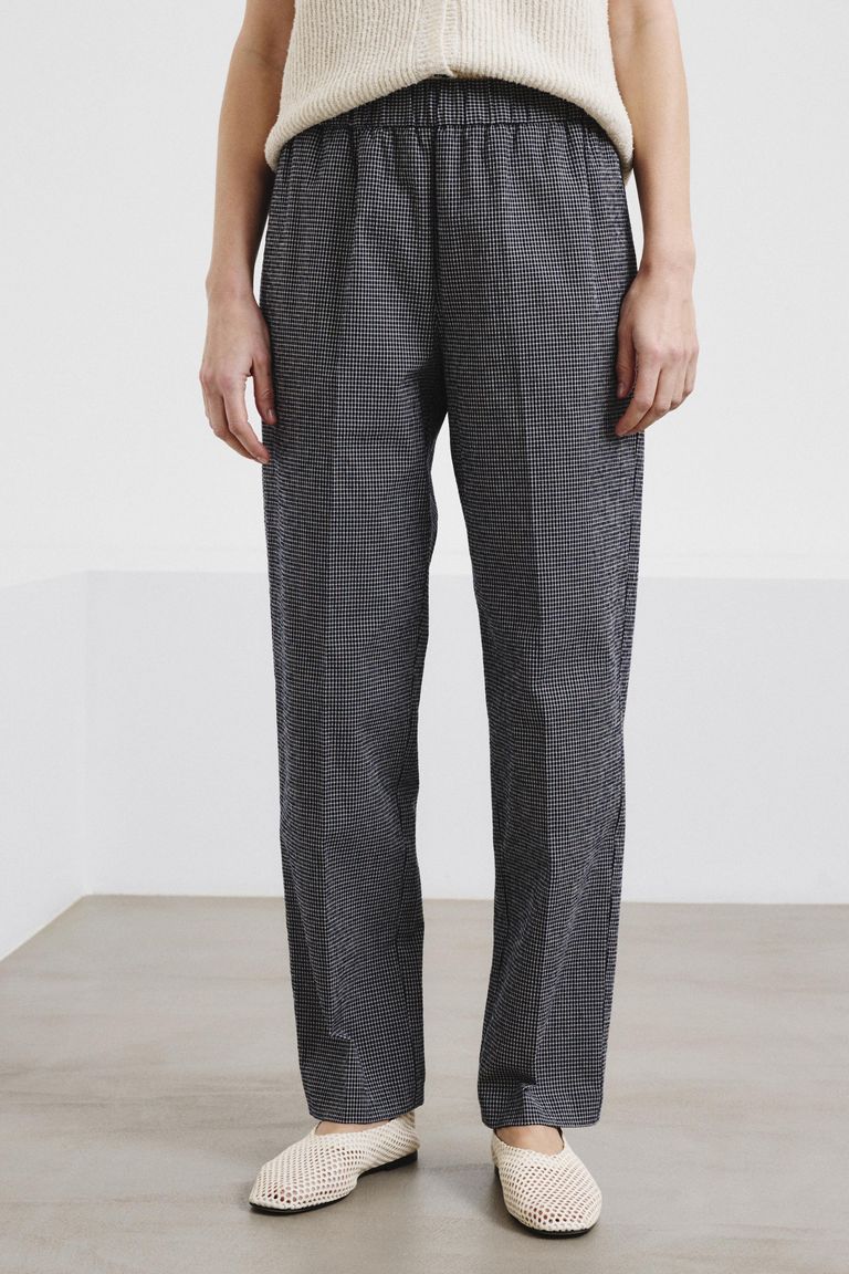 Cotton micro-gingham jogging trousers midnight blue