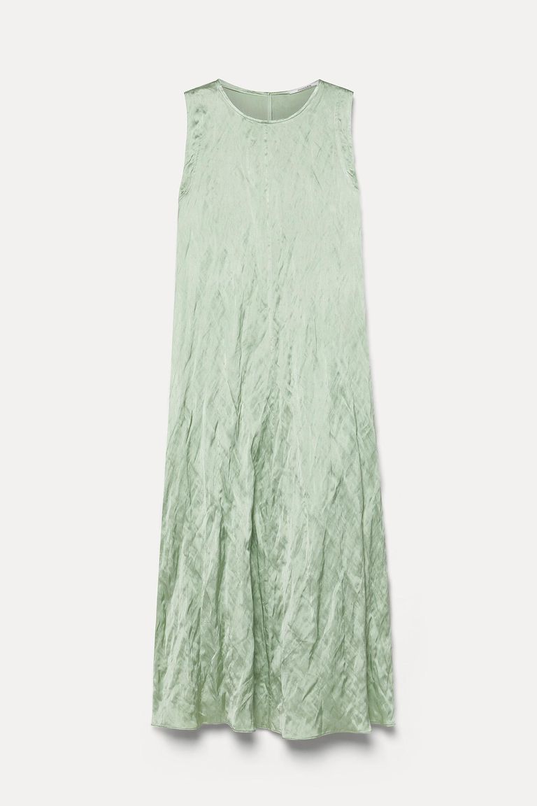 Crinkled viscose satin dress aloe