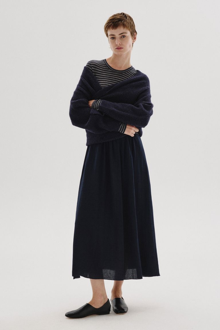 Striped wool jersey dress navy blue