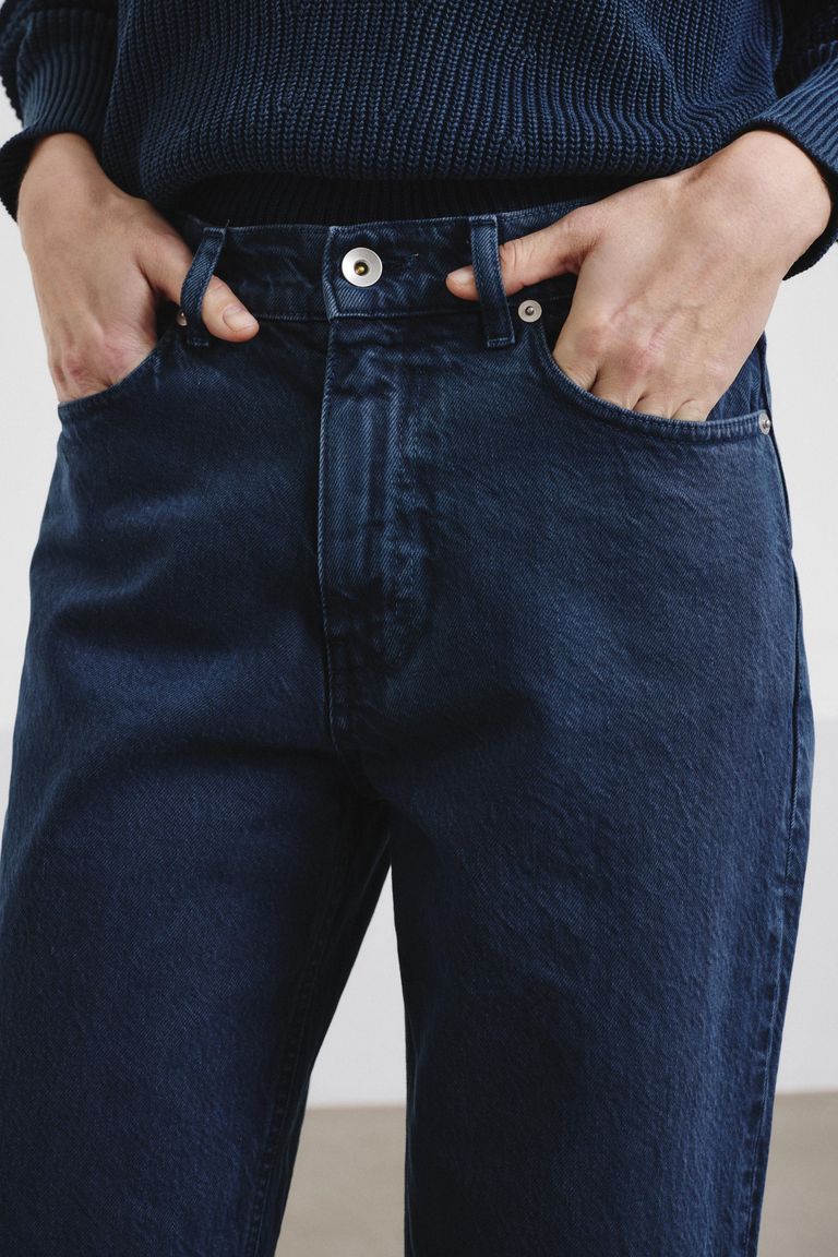 Pantalon droit en drill de coton indigo-soufre bleu