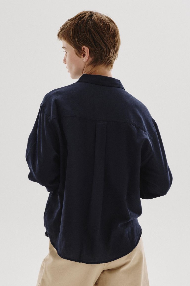 Micro-weave cotton and wool shirt navy blue