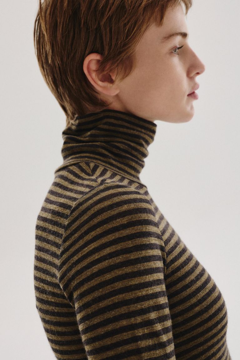 Striped wool jersey high-neck T-shirt military green