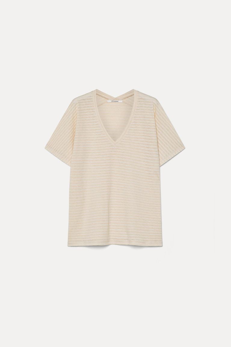 V-neck T-shirt in striped cotton and linen jersey lime white
