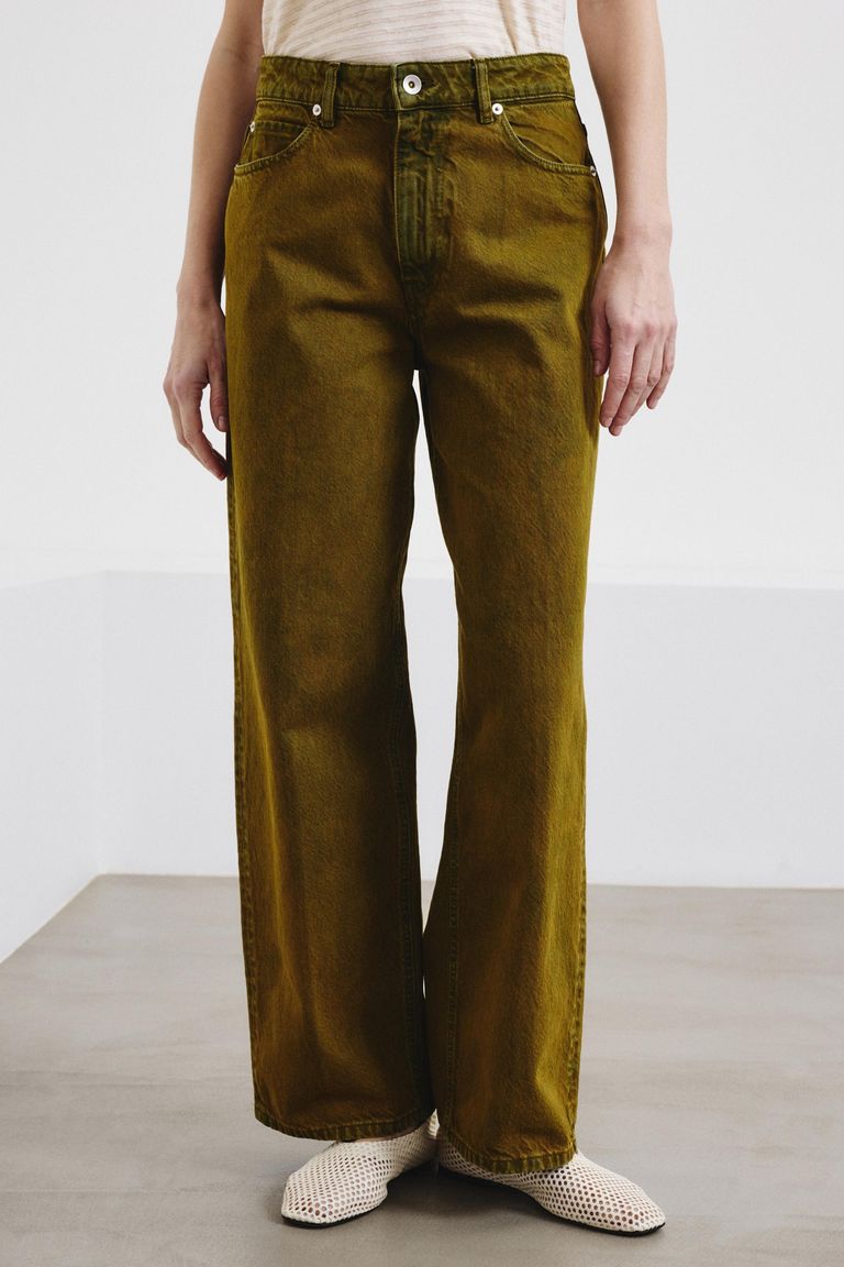 Pantalone loose in drill di cotone indaco-zolfo savana