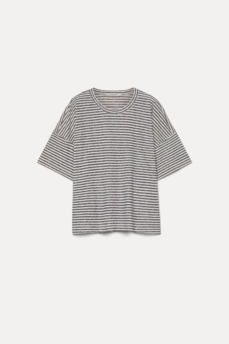Oversized striped cotton and linen jersey T-shirt navy