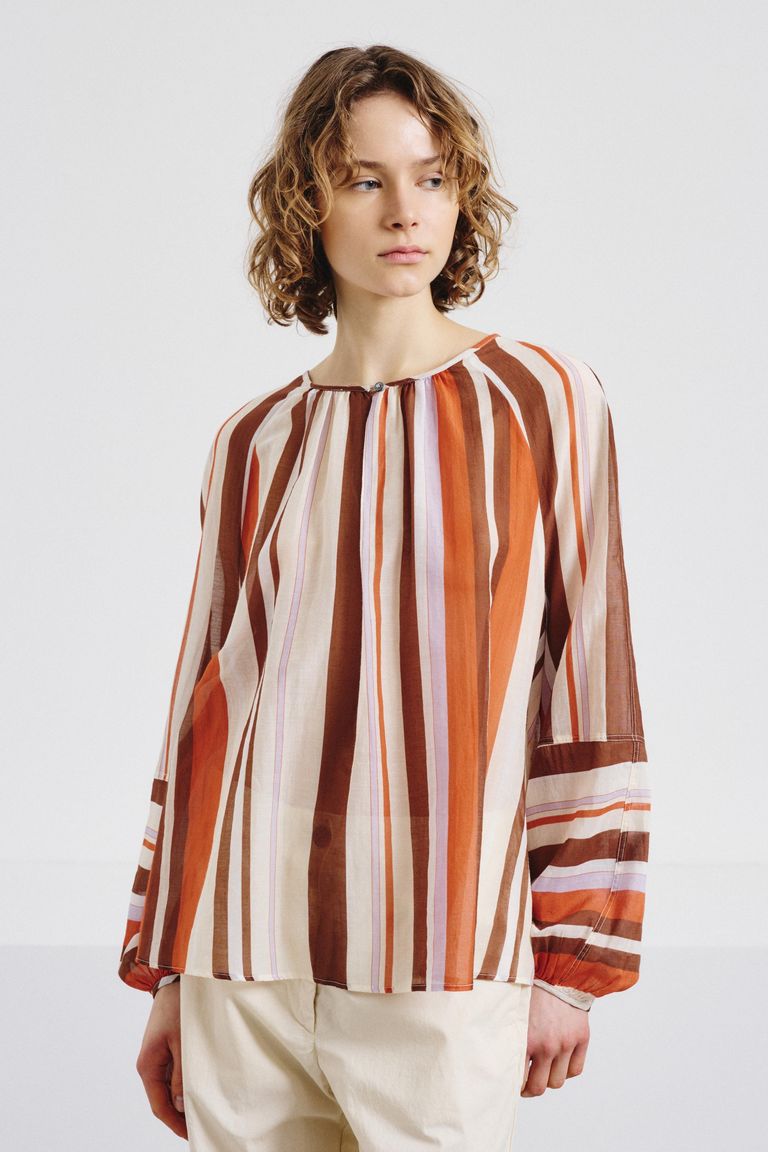 Blusa in chiffon di cotone e seta rigato aragosta