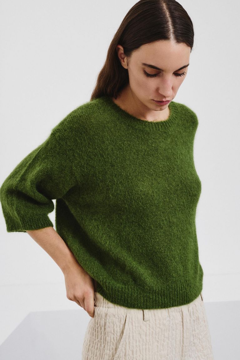 Short-sleeved mohair sweater seaweed green