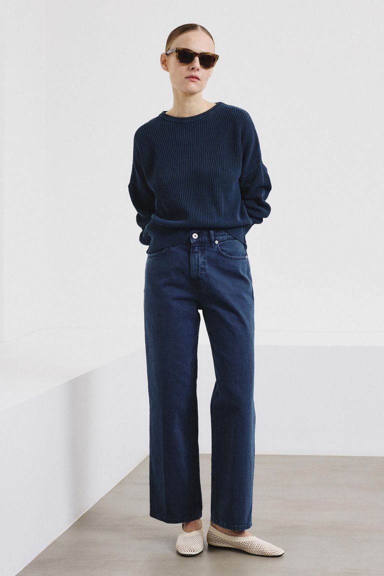 Pantalon droit en drill de coton indigo-soufre bleu