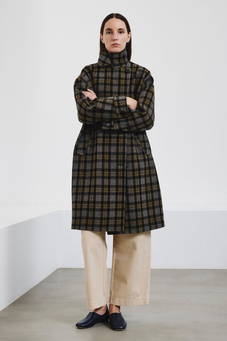 Manteau en drap de laine tartan vert militaire
