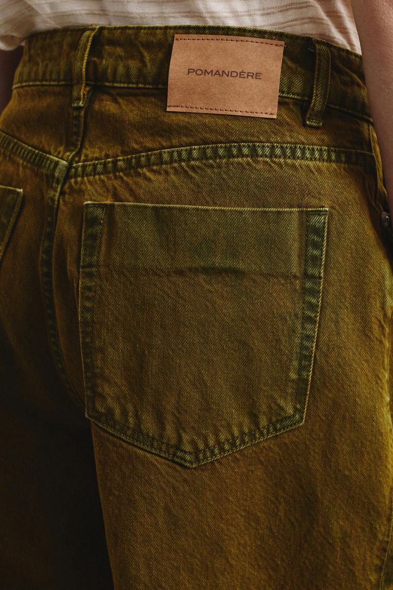 Pantalone loose in drill di cotone indaco-zolfo savana