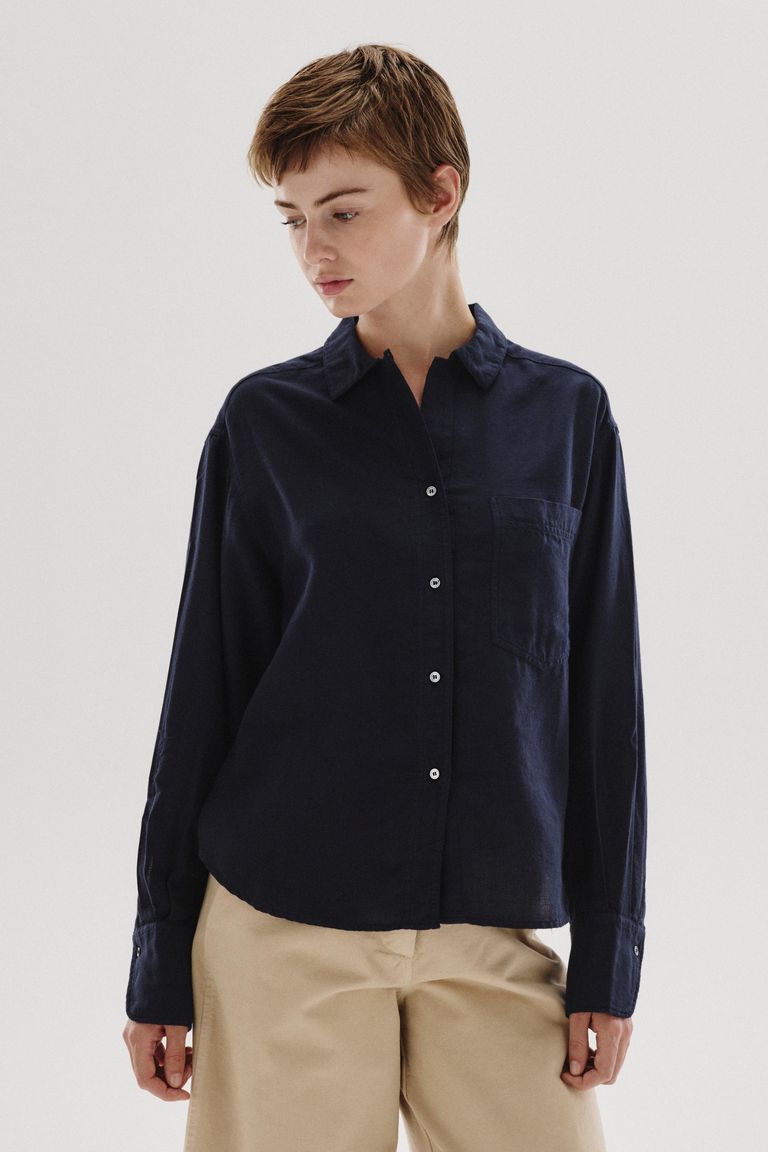 Micro-weave cotton and wool shirt navy blue