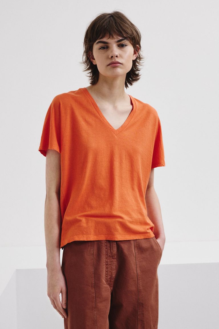V-neck T-shirt in linen and cotton jersey lobster