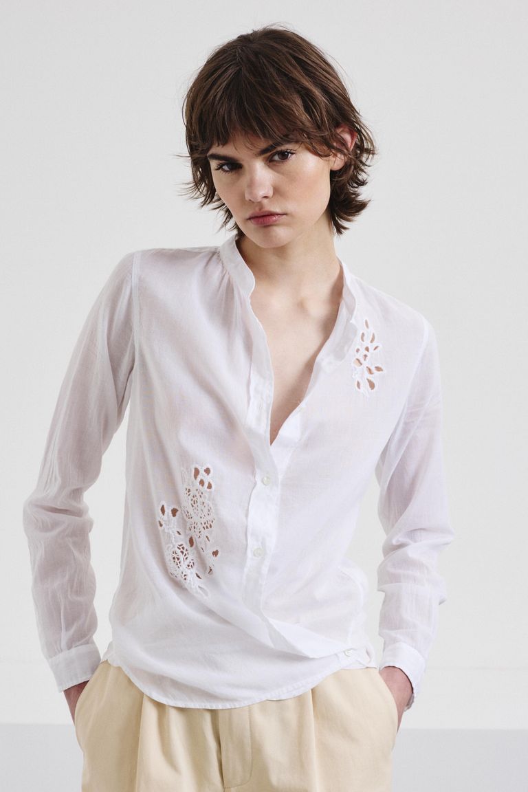 Embroidered cotton voile shirt optic white