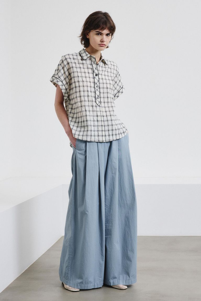Wide-leg cotton gabardine trousers steel blue
