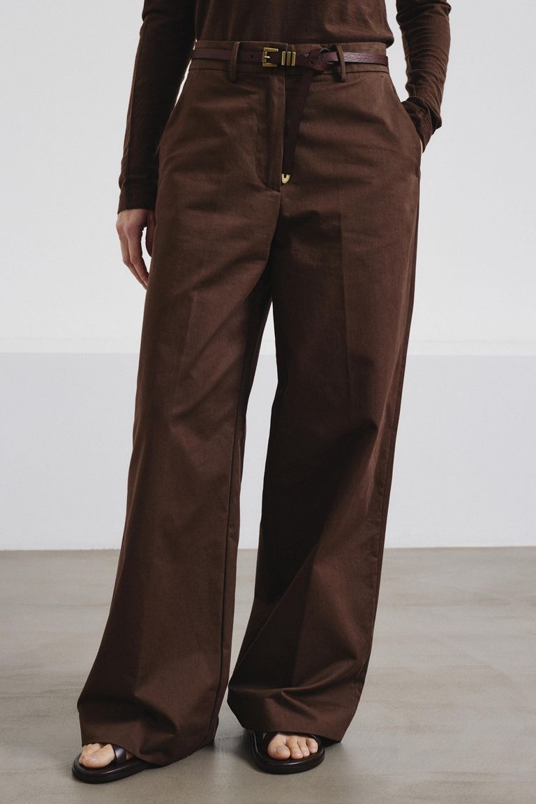 High-waist trousers in technical cotton drill cocoa
