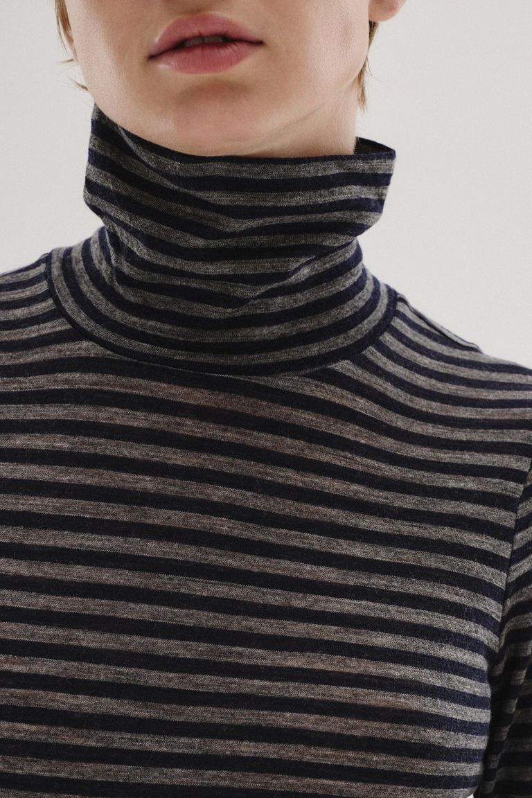 Striped wool jersey high-neck T-shirt navy blue