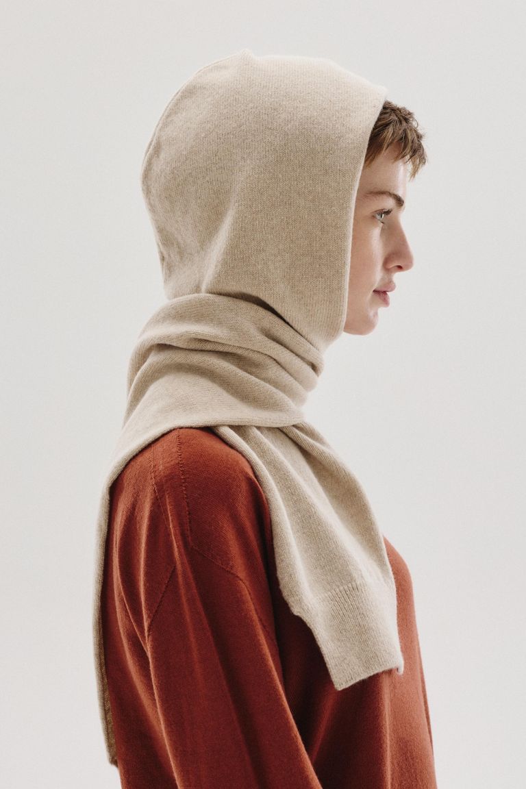 Wool and cashmere flat-knit hooded scarf