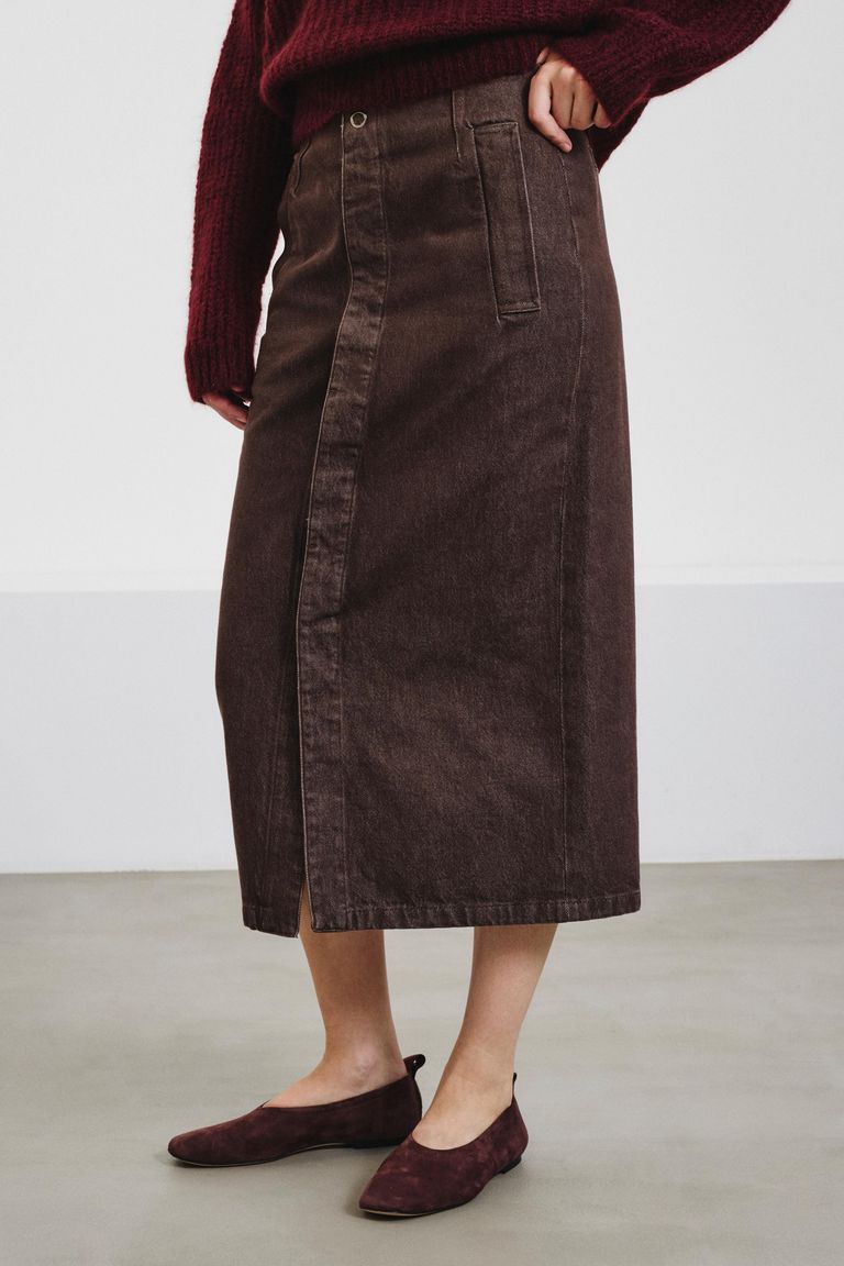 Faded cotton and lyocell bull denim skirt mahogany