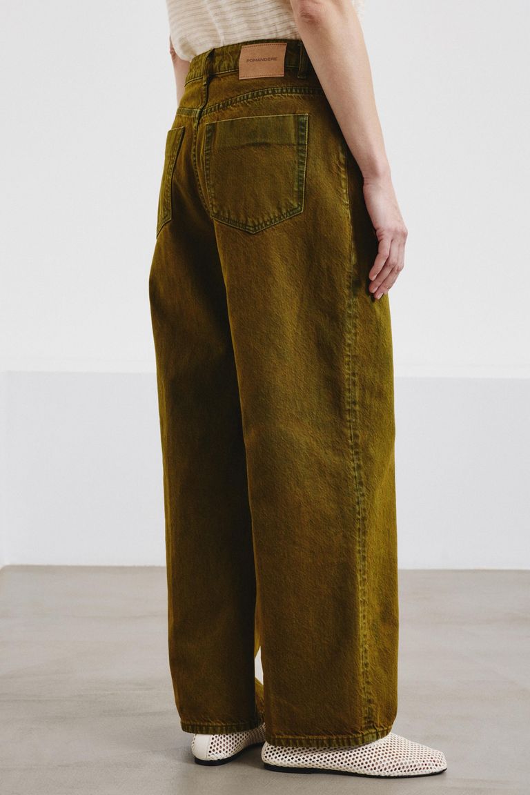Pantalone loose in drill di cotone indaco-zolfo savana