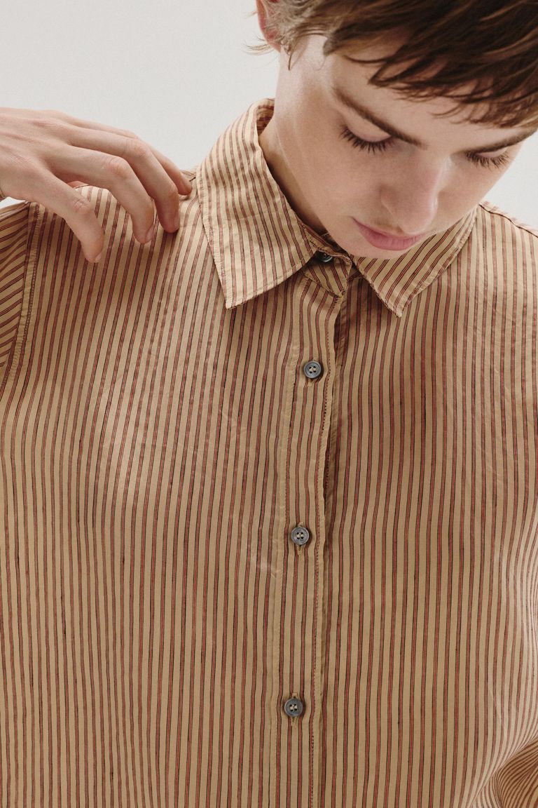 Chemise en shantung rayé de viscose, lin et soie terre cuite