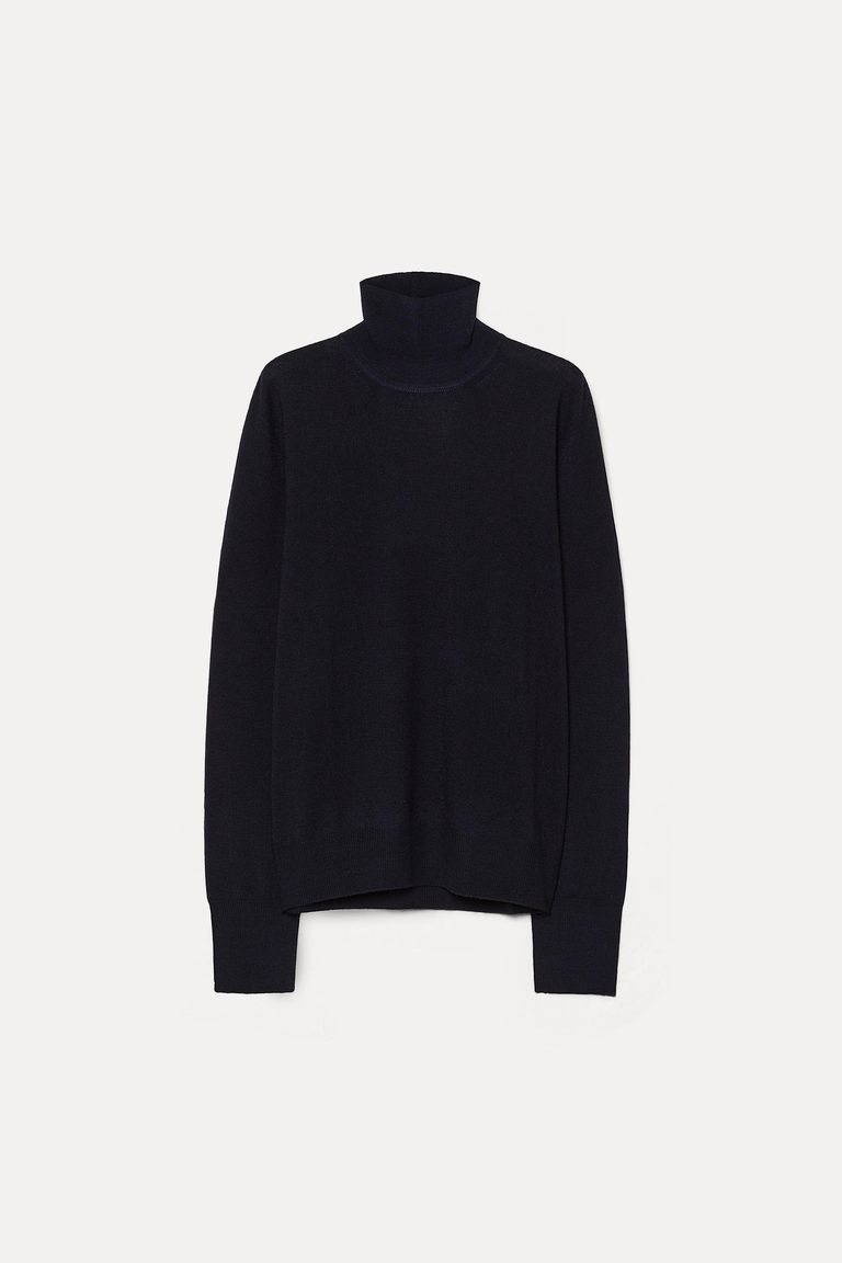 Plain-knit wool turtleneck sweater navy blue