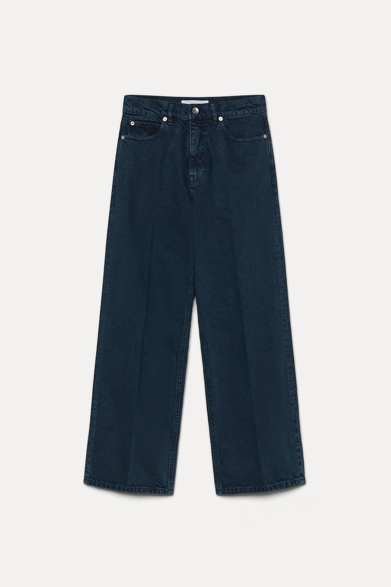 Pantalon droit en drill de coton indigo-soufre bleu