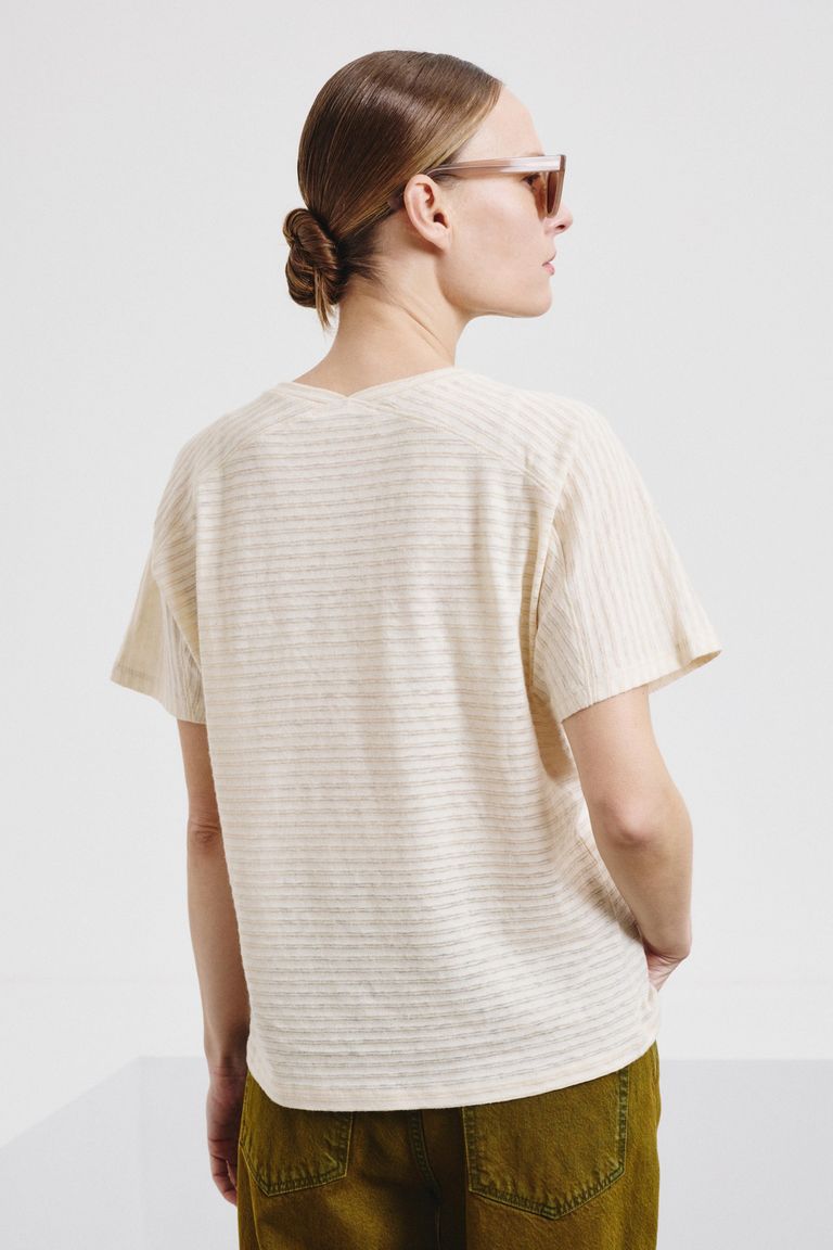 V-neck T-shirt in striped cotton and linen jersey lime white