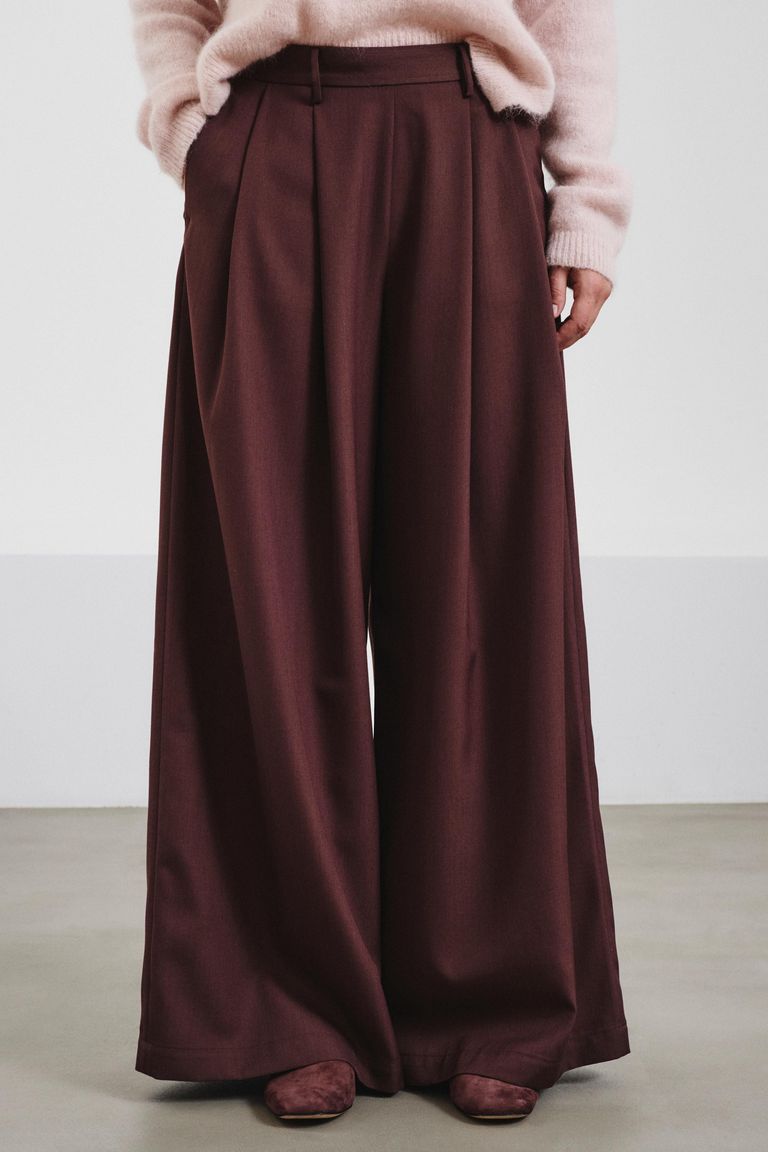 Wide-leg technical wool gabardine trousers mauve