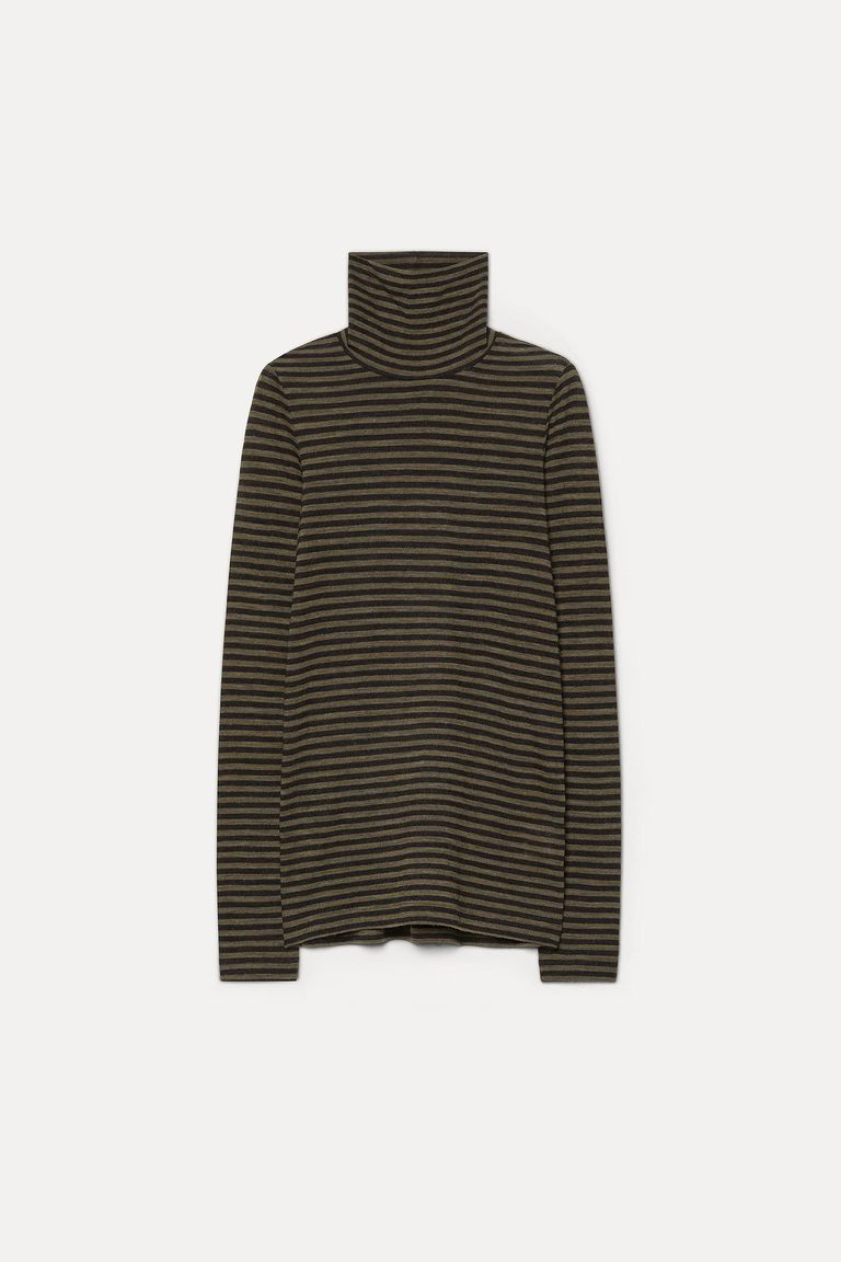 Striped wool jersey high-neck T-shirt military green