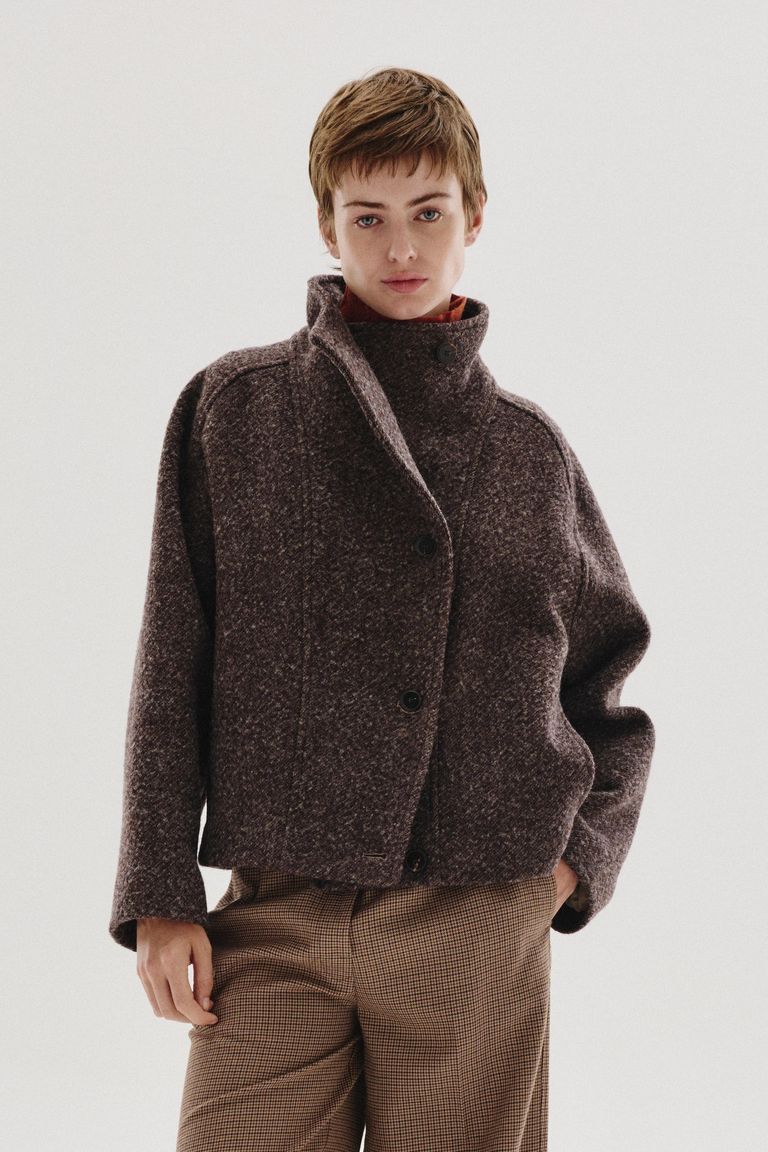 High-neck mélange wool and cotton cloth jacket