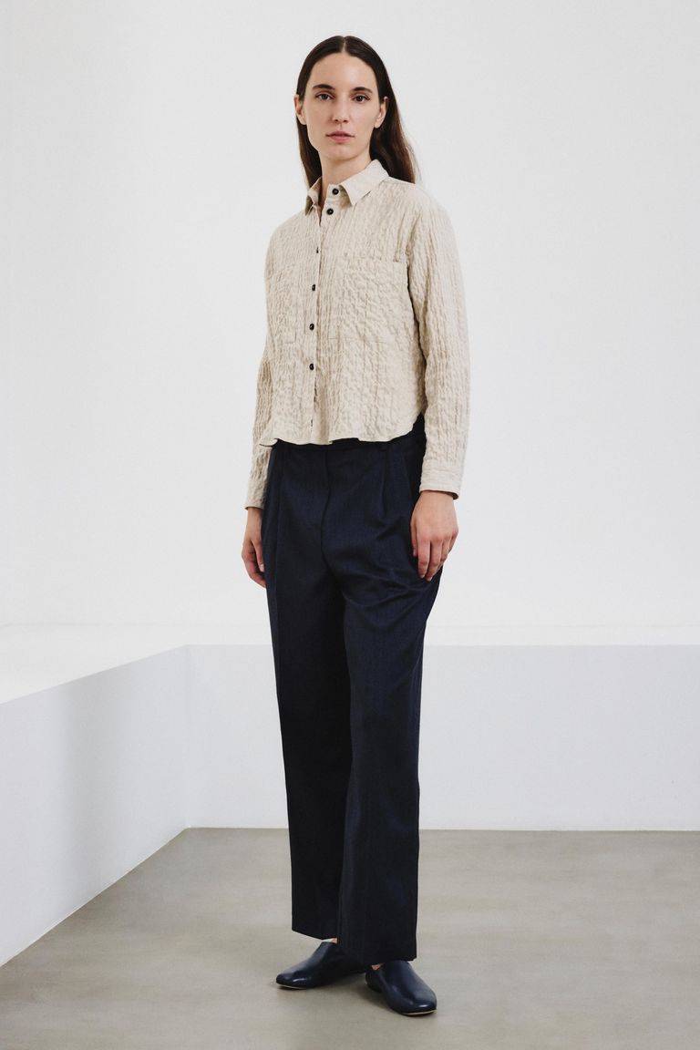 Cotton micro-herringbone embossed overshirt ivory