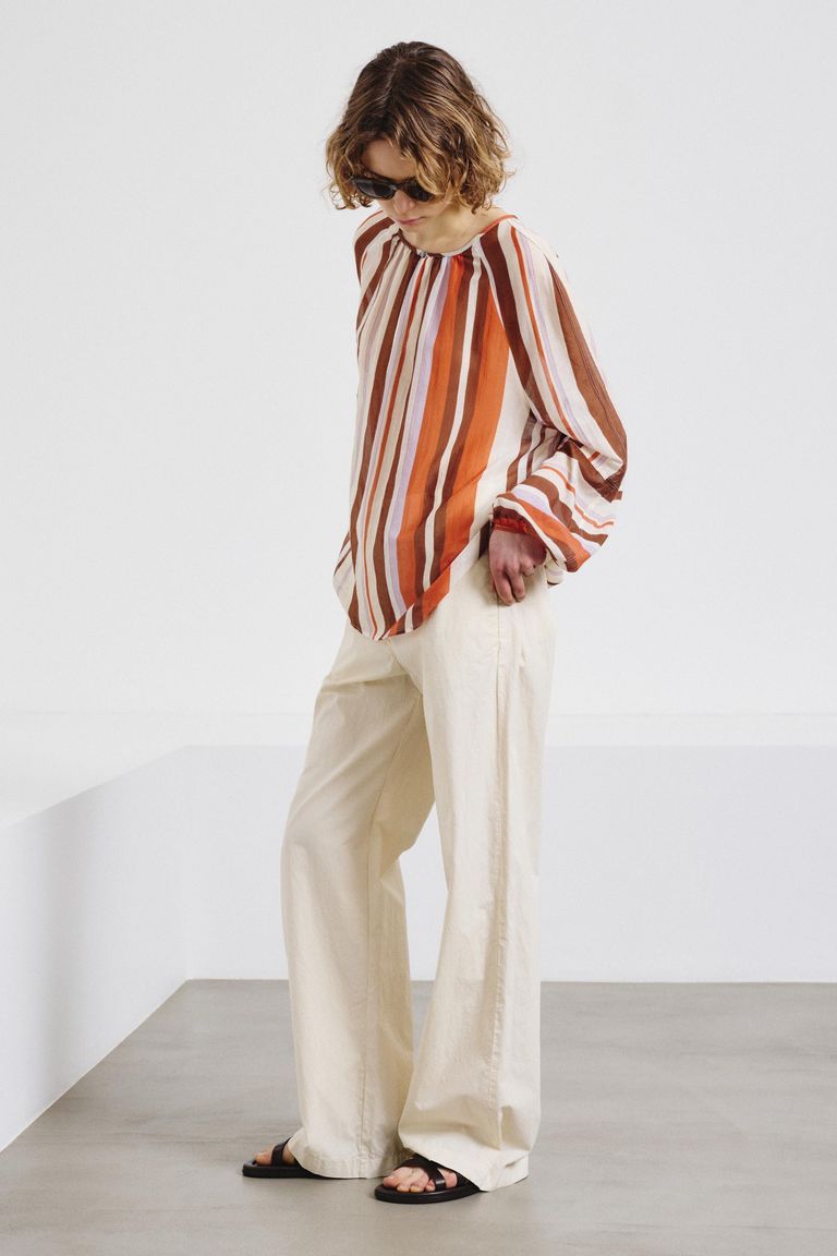 Blusa in chiffon di cotone e seta rigato aragosta
