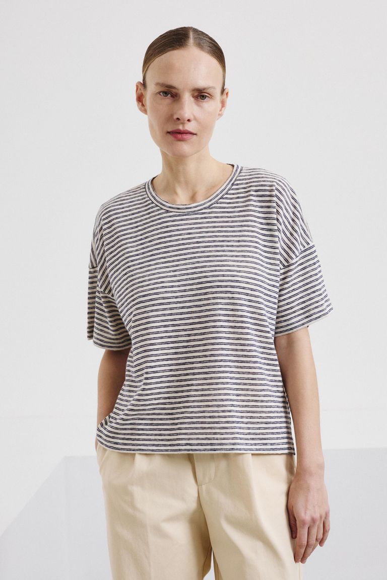Oversized striped cotton and linen jersey T-shirt navy