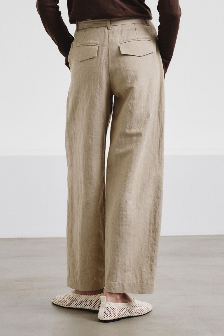 Cotton and linen twill trousers with waist tie jute