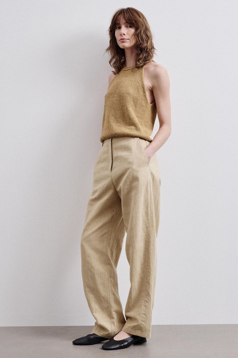 Pantalone in panamino di cotone e lino grano