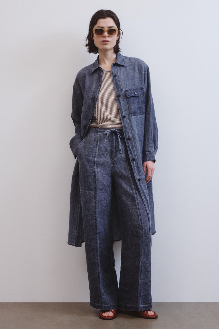 Oversized striped cotton and linen jersey T-shirt hazelnut