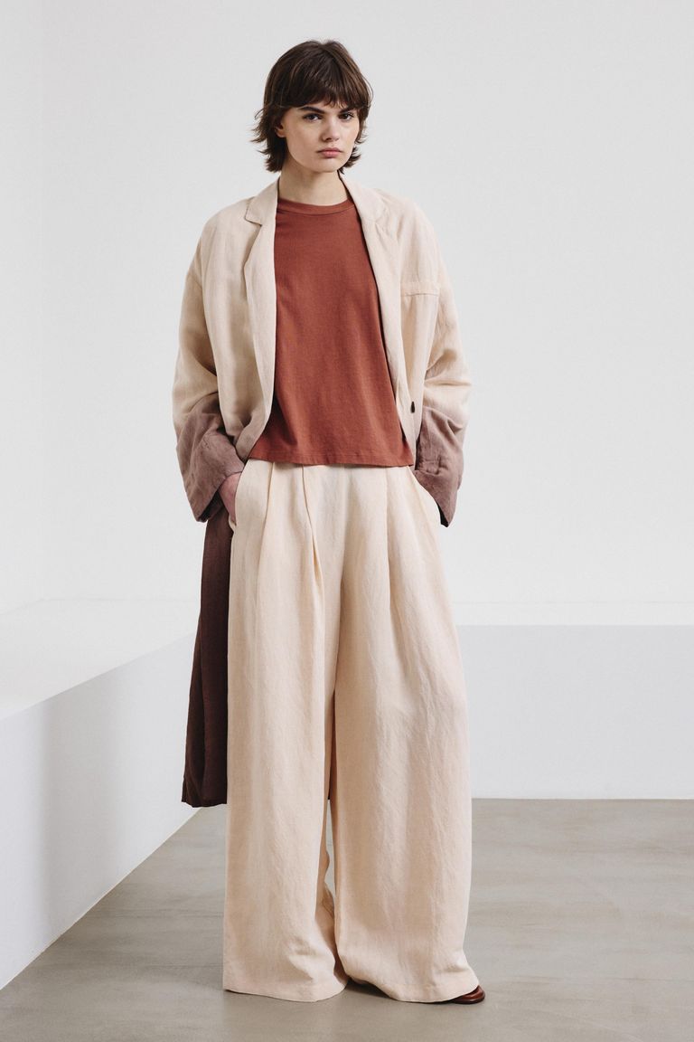 Pantalone ampio in tela fiammata porcellana