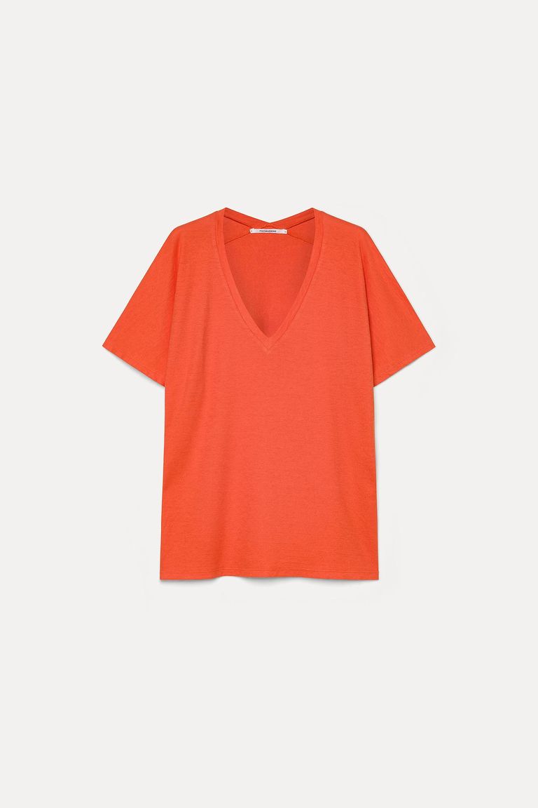 V-neck T-shirt in linen and cotton jersey lobster
